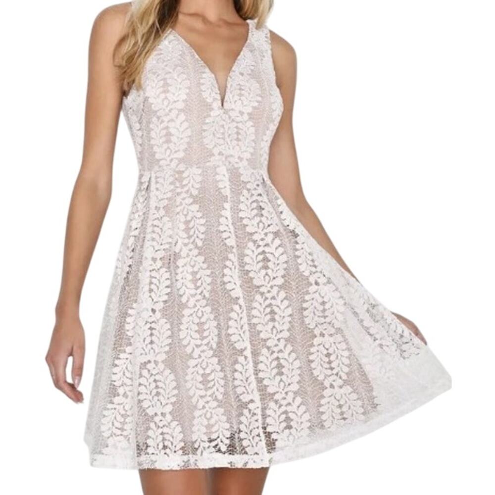 Lulu's All of My Heart Skater Dress Lace V-neck Fit & Flare Mini Lined White XL